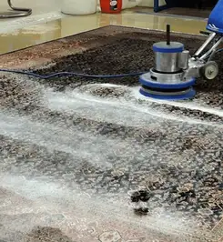 Professional rug cleaning with a rotary floor machine and shampoo foam, deep-cleaning an area rug Tucson, AZ.